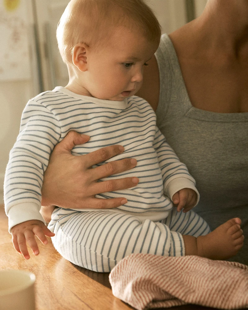 Baby Boy 2-Piece DayDream Fleece Stripe Pullover Sweatshirt & Pant Set - Cream/Blue