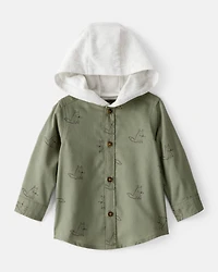 Baby Boy Racoon Print Cotton Long-Sleeve Hooded Button-Down Shirt - Green