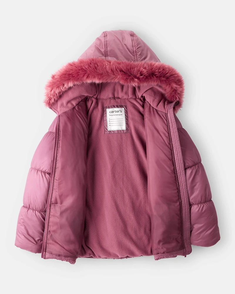 Girls Hooded Puffer Jacket - Burgundy