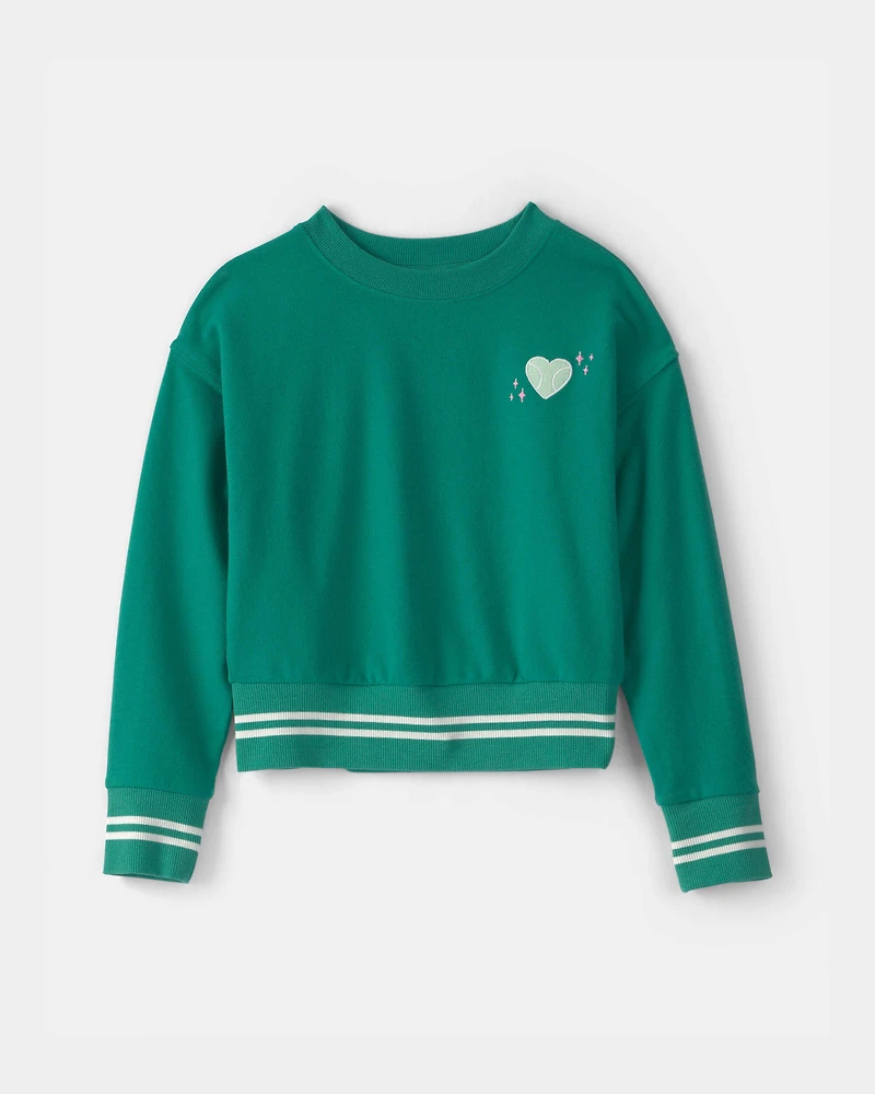 Girls Tennis Heart French Terry Pullover Sweatshirt - Green