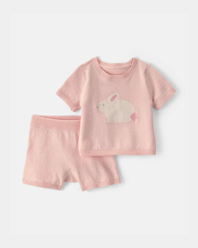 Baby Girl 2-Piece Bunny Short-Sleeve Sweater Top & Short Set - Pink