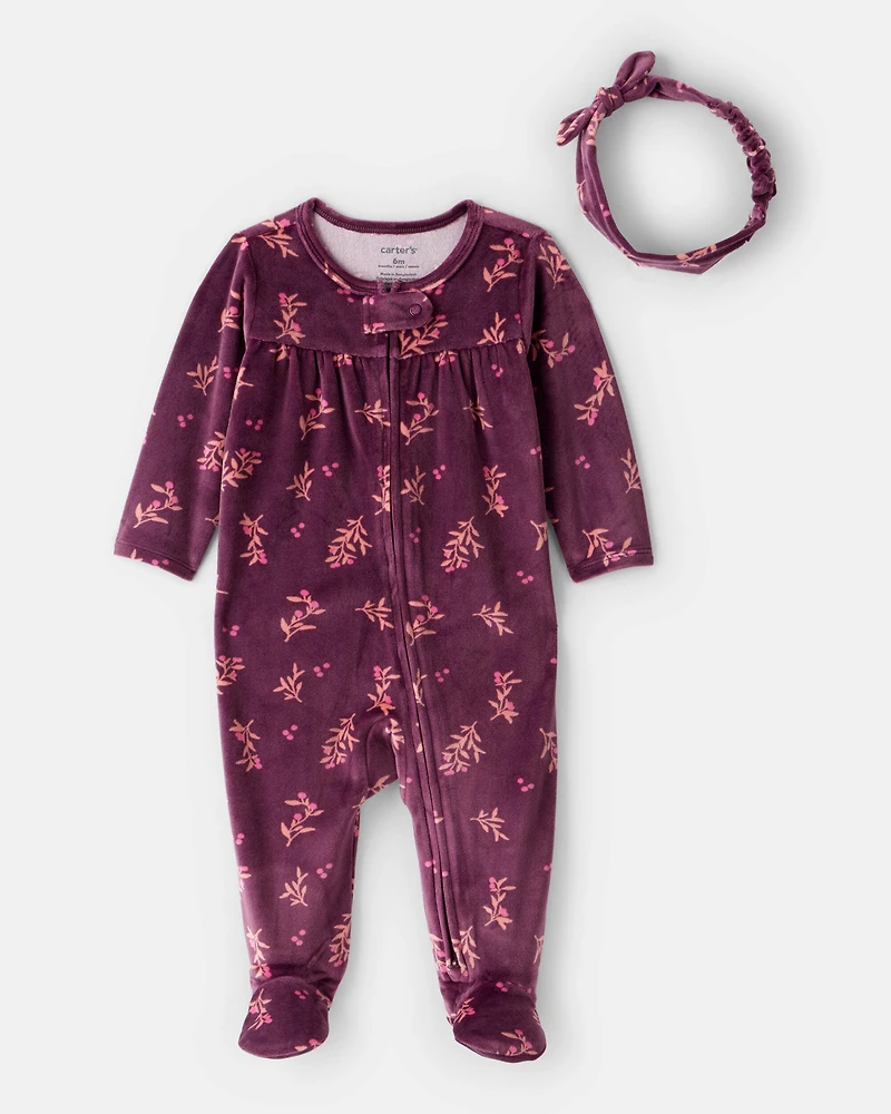 Baby Girl 2-Piece Floral DreamPlush Long-Sleeve Snug Fit Sleep & Play Pajamas - Maroon