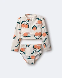 Toddler Girl Half-Zip Long-Sleeve Rashguard Set in Clementine Grove Print - Cream