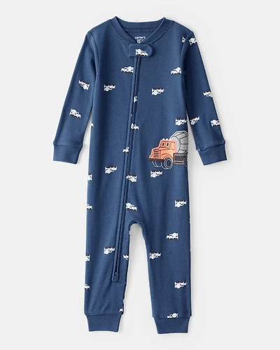 Baby Boy Construction Print 100% Cotton Long-Sleeve 2-Way Zip 1-Piece Pajamas - Blue
