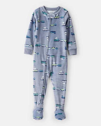 Toddler Boy Train DreamPlush Long-Sleeve Snug Fit 1-Piece Pajamas - Blue/Grey