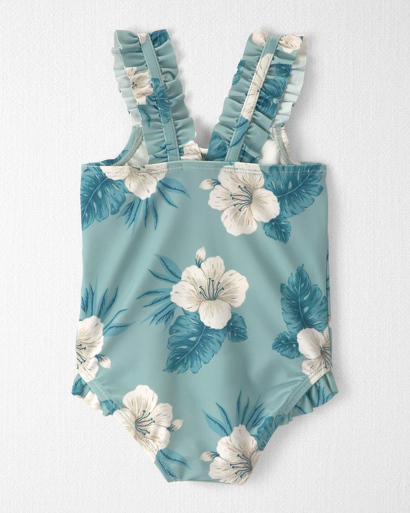 Baby Girl Recycled Ruffle 1-Piece Swimsuit in Blue Hibiscus