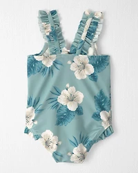 Baby Girl Recycled Ruffle 1-Piece Swimsuit in Blue Hibiscus