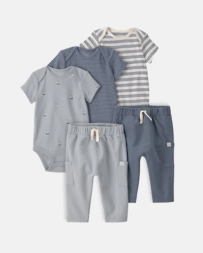 Baby 5-Piece Organic Cotton Bodysuits & Joggers in Sail Away Print
