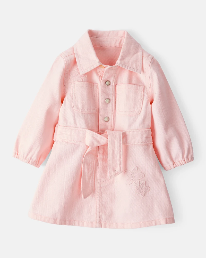 Baby Girl Embroidered Cotton Long-Sleeve Dress - Pink