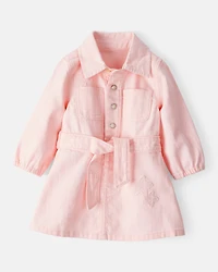 Baby Girl Embroidered Cotton Long-Sleeve Dress - Pink
