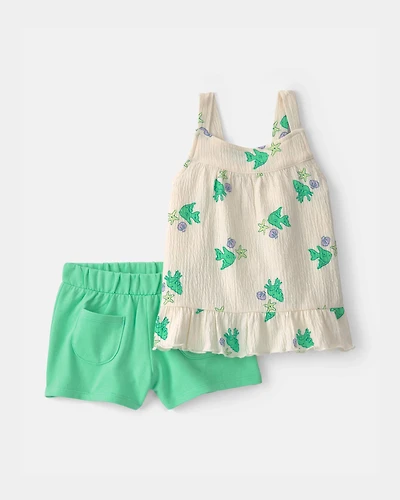 Toddler Girl 2-Piece Fish Ruffle Top & Short Set - Green/Ivory