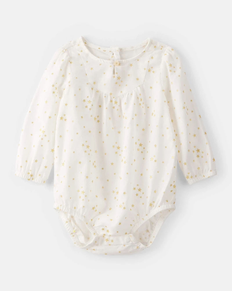 Baby Girl Star Print Cotton Long-Sleeve Fashion Bodysuit - White