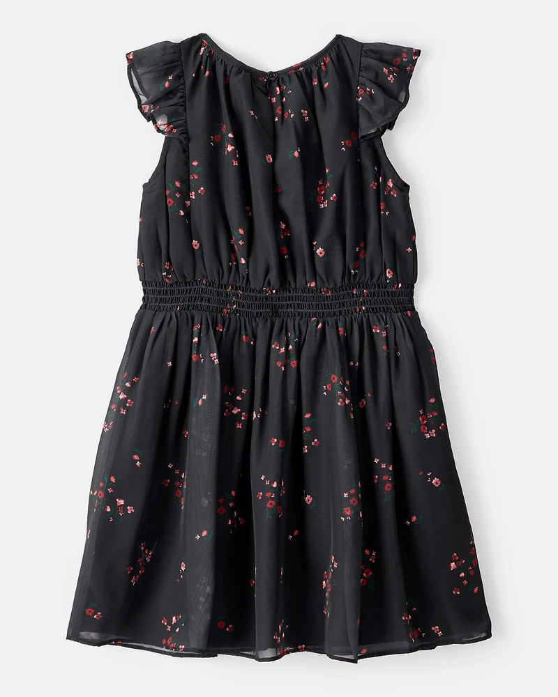 Girls Floral Short-Sleeve Occasion Dress - Black