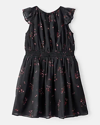 Girls Floral Short-Sleeve Occasion Dress - Black