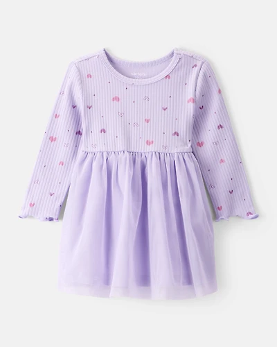 Baby Girl Heart Print Long-Sleeve Dress - Purple