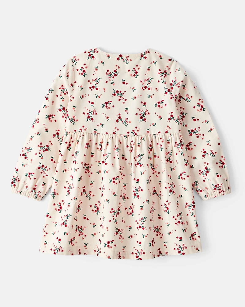 Toddler Girl Floral Print Corduroy Long-Sleeve Dress - White
