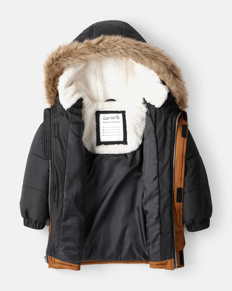 Toddler Boy 2-Piece Color Block Hooded Snowsuit Jacket & Bib Set - Brown/Black