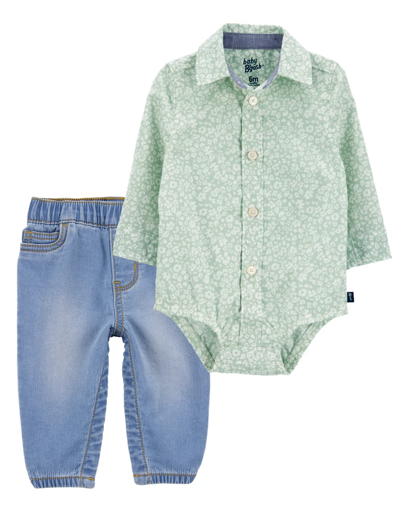 Baby 2-Piece Floral Button-Front Bodysuit & Pull-On Jeans Set
