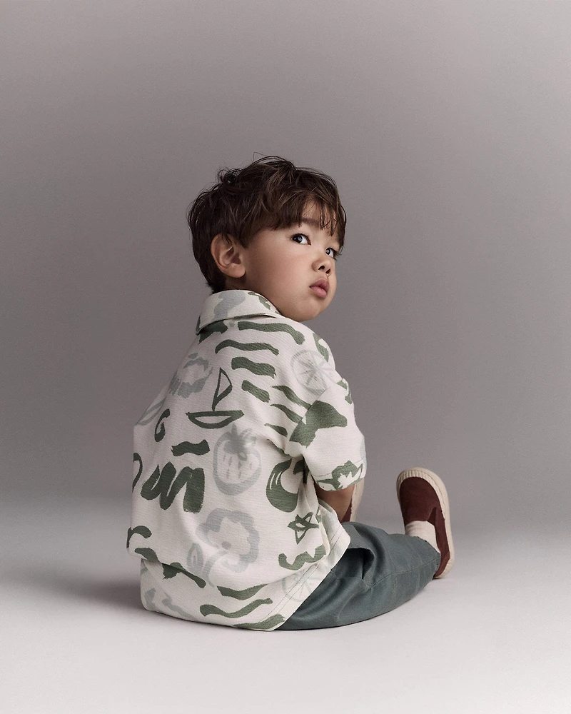 Toddler Boy Button-Down Short-Sleeve Shirt in Beach Print - Cream