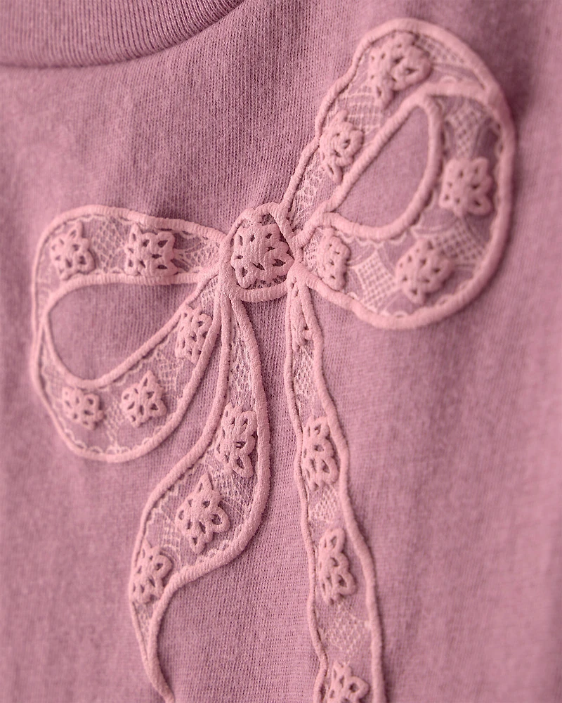 Girls Lace Bow Short-Sleeve Graphic Tee - Pink