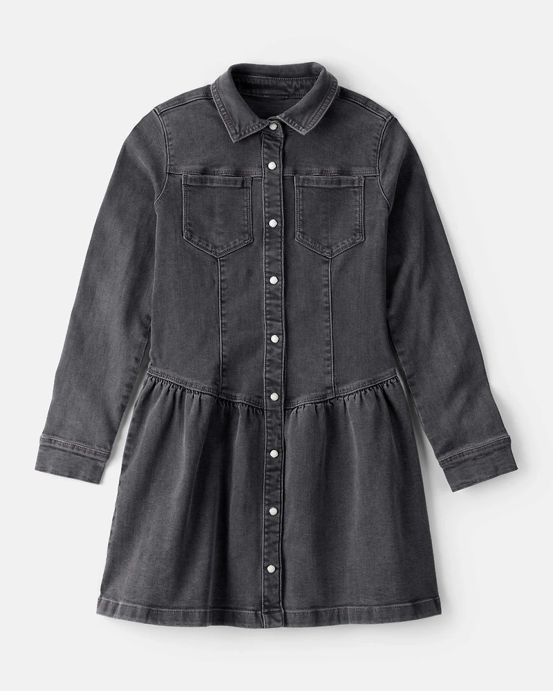 Girls Denim Long-Sleeve Dress - Black