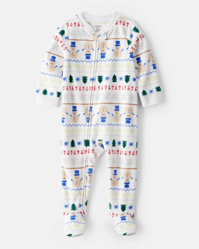 Baby Snowman Fair Isle Fleece Long-Sleeve Loose Fit 1-Piece Pajamas - White