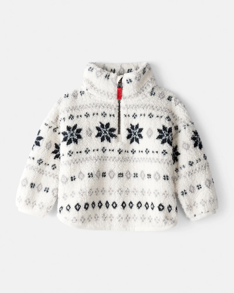 Baby Girl Fairisle Sherpa Quarter-Zip Pullover - White