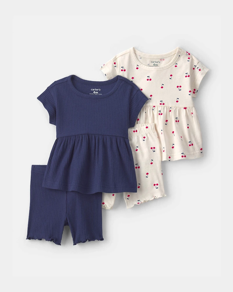 Baby Girl 4-Piece Cherry Top & Short Set - Navy Blue/Ivory
