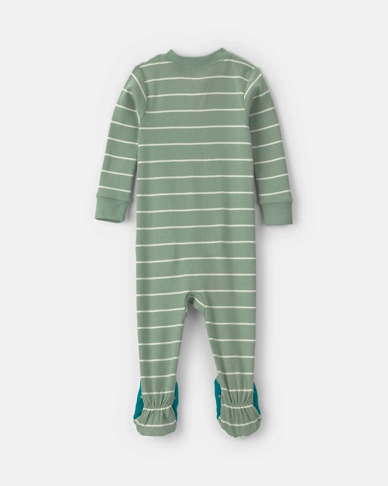 Toddler Boy 1-Piece Dino Striped 100% Cotton Snug Fit Footed Pajama - Green