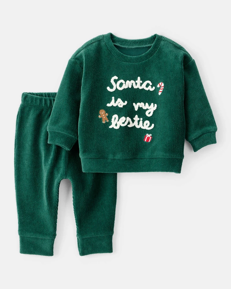 Baby 2-Piece Santa Is My Bestie Long-Sleeve Tee & Pant Set - Green