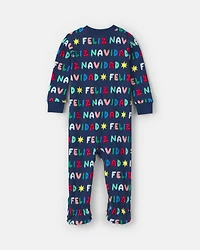 Baby 1-Piece 'Feliz Navidad' Christmas 100% Cotton Snug Fit Footed Pajama - Navy Blue