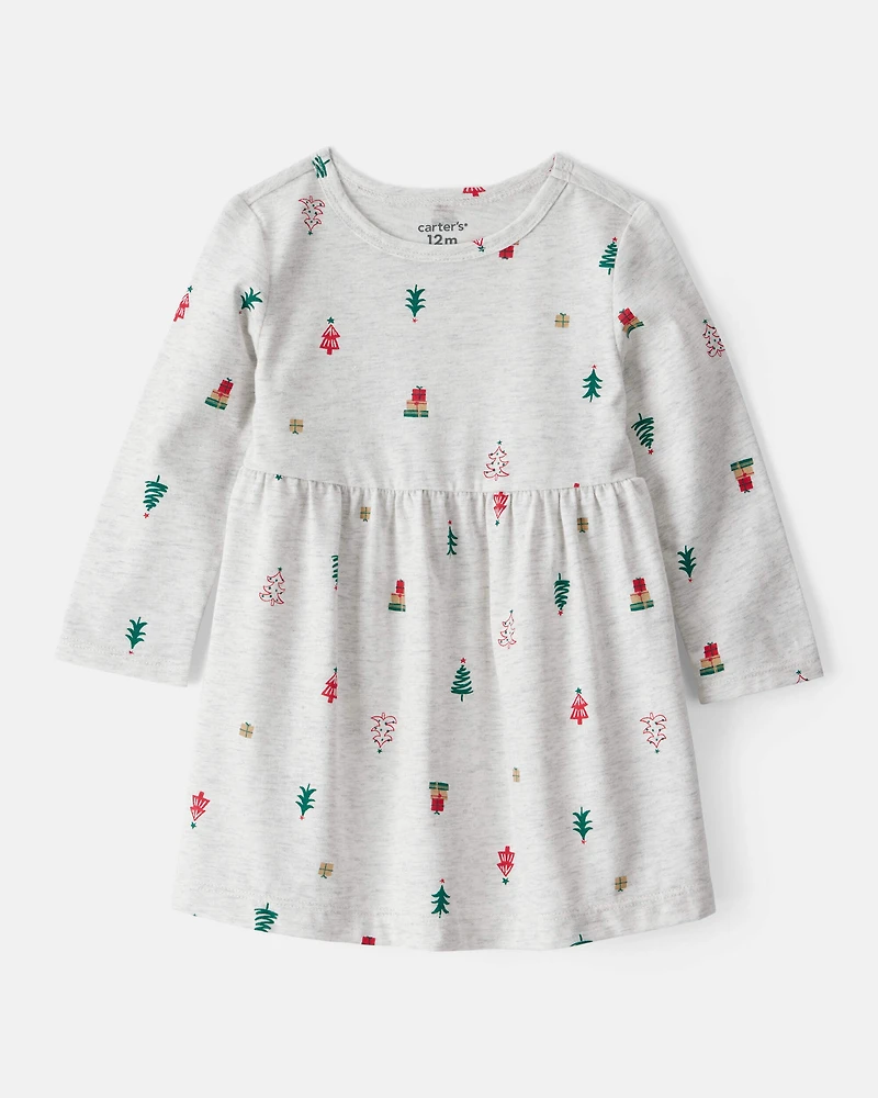 Baby Girl Christmas Tree Print Long-Sleeve Dress