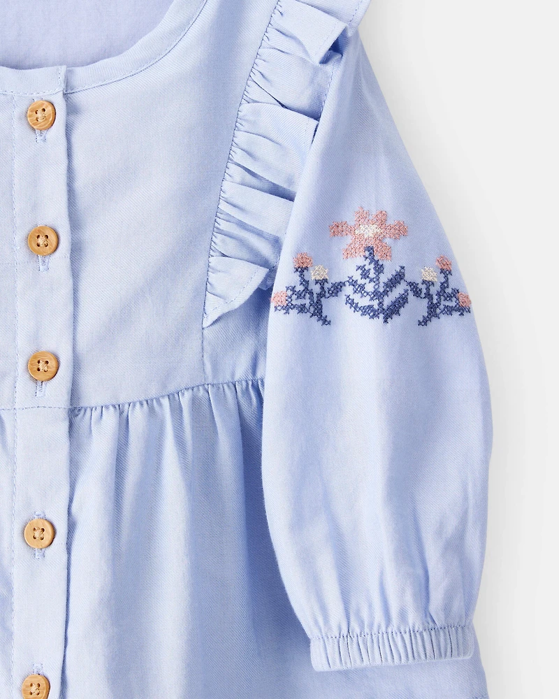 Baby Girl Embroidered Cotton Long-Sleeve Top - Blue