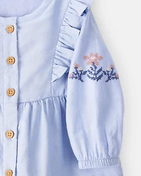 Baby Girl Embroidered Cotton Long-Sleeve Top - Blue