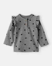 Baby Girl Flutter-Sleeve Polka Dot Long-Sleeve Top - Grey