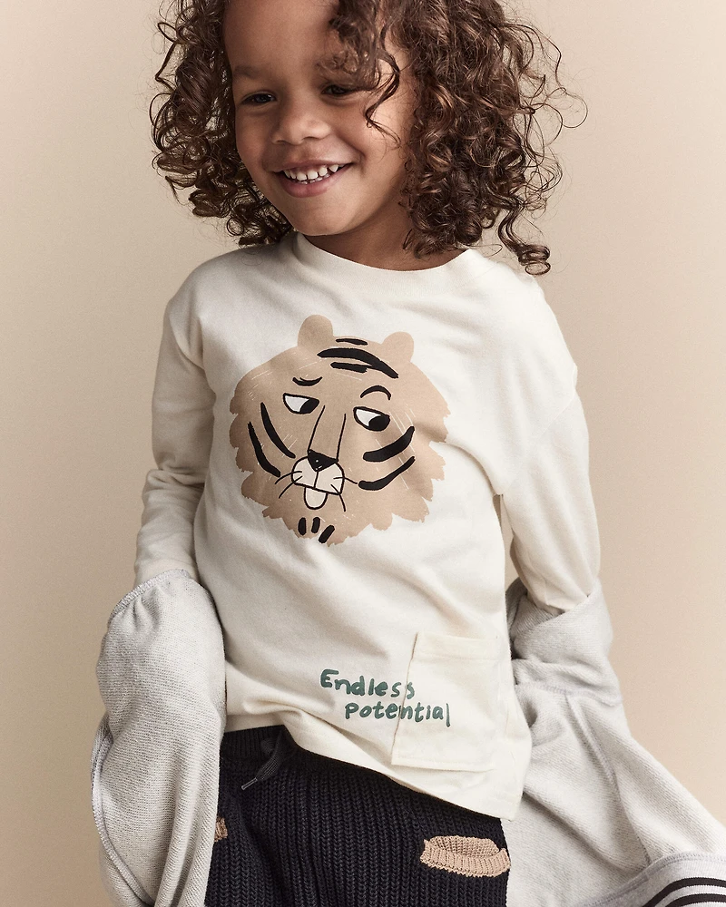 Toddler 'Endless Potential' Tiger Long-Sleeve Pocket Graphic Tee - Cream