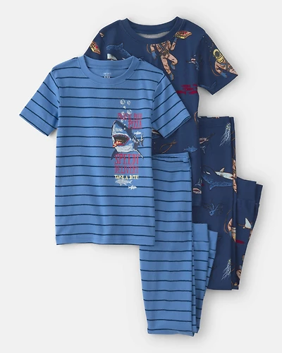Boys Boat 100% Cotton Snug Fit 4-Piece Pajama Set - Blue
