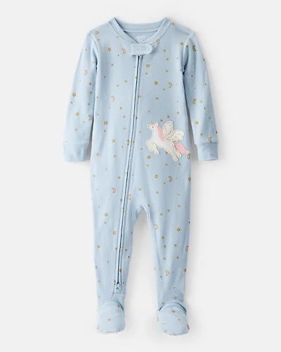Baby Girl Unicorn Star Print 100% Cotton Long-Sleeve 2-Way Zip 1-Piece Pajamas - Blue