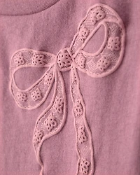 Girls Lace Bow Long-Sleeve Graphic Tee - Pink
