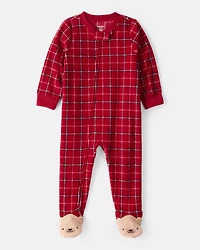 Baby Boy Plaid Print Fleece Loose Fit 1-Piece Pajamas - Red