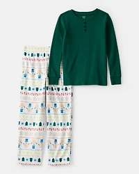 Kid Snowman Fair Isle Cotton Long-Sleeve Snug Fit 2-Piece Pajamas - Green/White