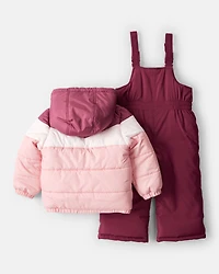 Toddler Girl 2-Piece Color Block Hooded Snowsuit Jacket & Bib Set - Pink/Red