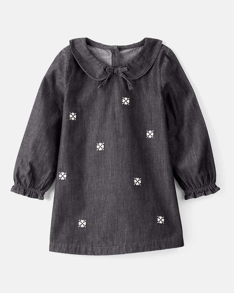 Toddler Girl Floral Motif Chambray Long-Sleeve Dress - Grey