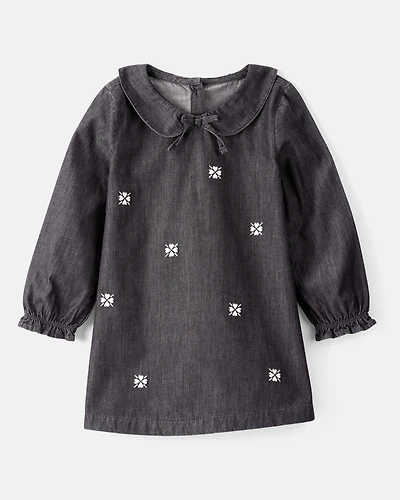 Toddler Girl Floral Motif Chambray Long-Sleeve Dress - Grey