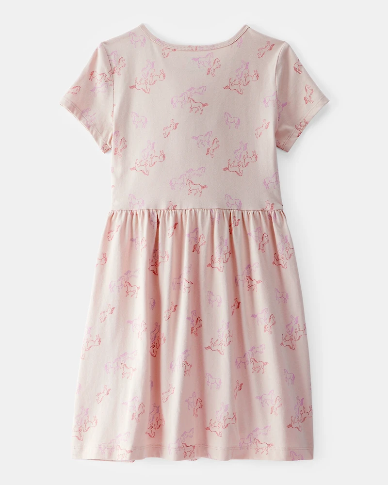 Girls Horse Print Short-Sleeve Dress - Tan