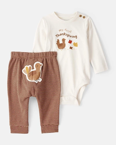 Baby My First Thanksgiving Cotton Long-Sleeve Bodysuit & Pant Set - Cream/Brown