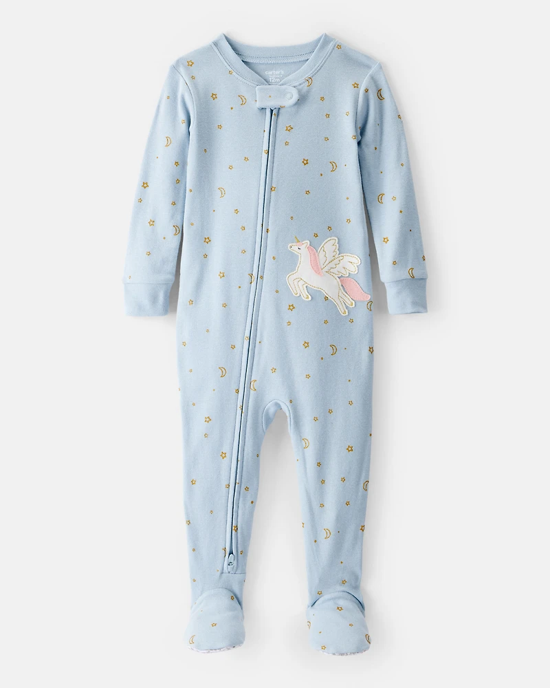 Baby Girl Unicorn Star Print 100% Cotton Long-Sleeve 2-Way Zip 1-Piece Pajamas - Blue