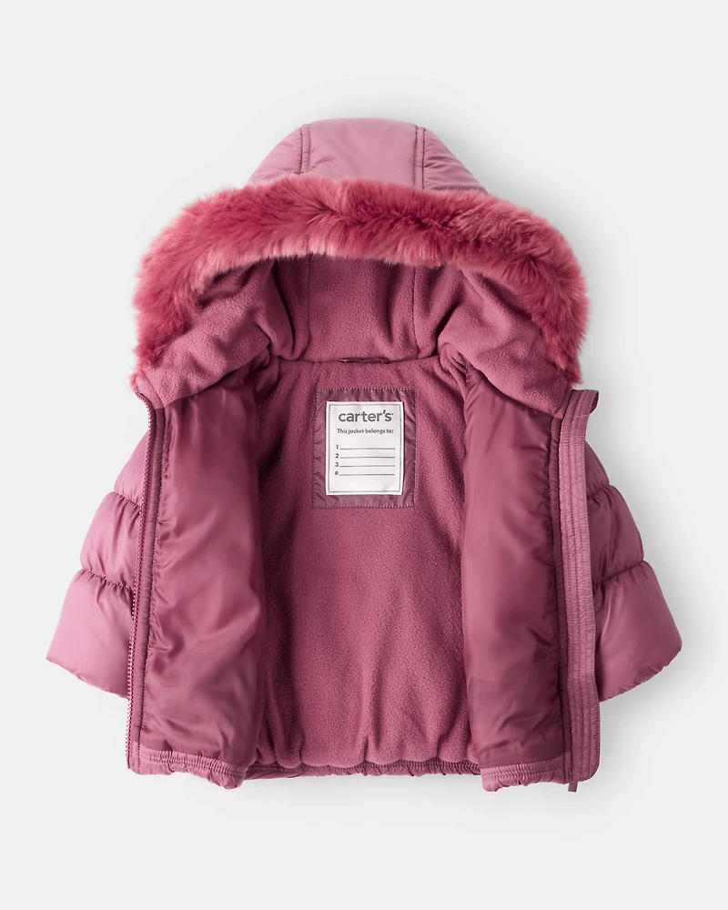 Baby Girl Hooded Puffer Jacket - Burgundy