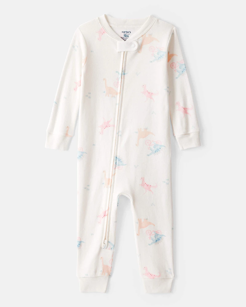 Toddler Girl Dinosaur 100% Cotton Long-Sleeve 1-Piece Pajamas - White