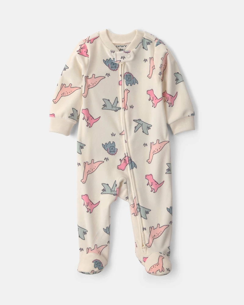 Baby Girl Dinosaur Fleece 2-Way Zip Sleep & Play Pajamas - Cream